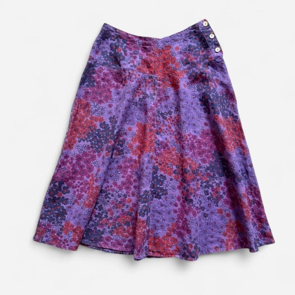 Cut Loose Midi Skirt A-Line Floral Purple Pink Linen‎ Buttons Women's S Low Rise